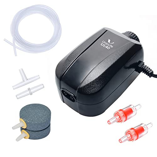 Uniclife 64 GPH Aquarium Air Pump with Dual Outlets Adjustable Quiet Fish Tank Air Pump with Air Stone Airline Tubing Check Valve and Connector Accessories for 10-100 Gallon Fish Tank