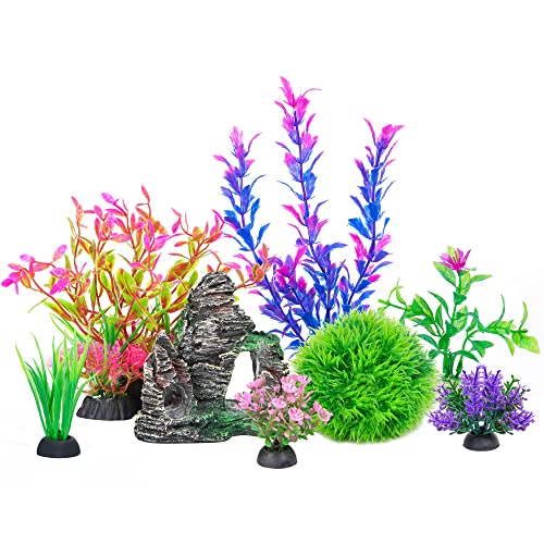 Ameliade Aquarium Artificial Plastic Plants Decorations and Rock Cave Decor Set...