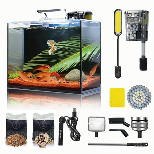3 Gallon Small Aquarium Set Glass Fish Tank, Starter Kit with Heater Water Pump Cleaning System Filter Bright Light Rocks Gravel Cleaning Tool, Leak-Proof Clear Rimless Desktop Spaces Saving Betta